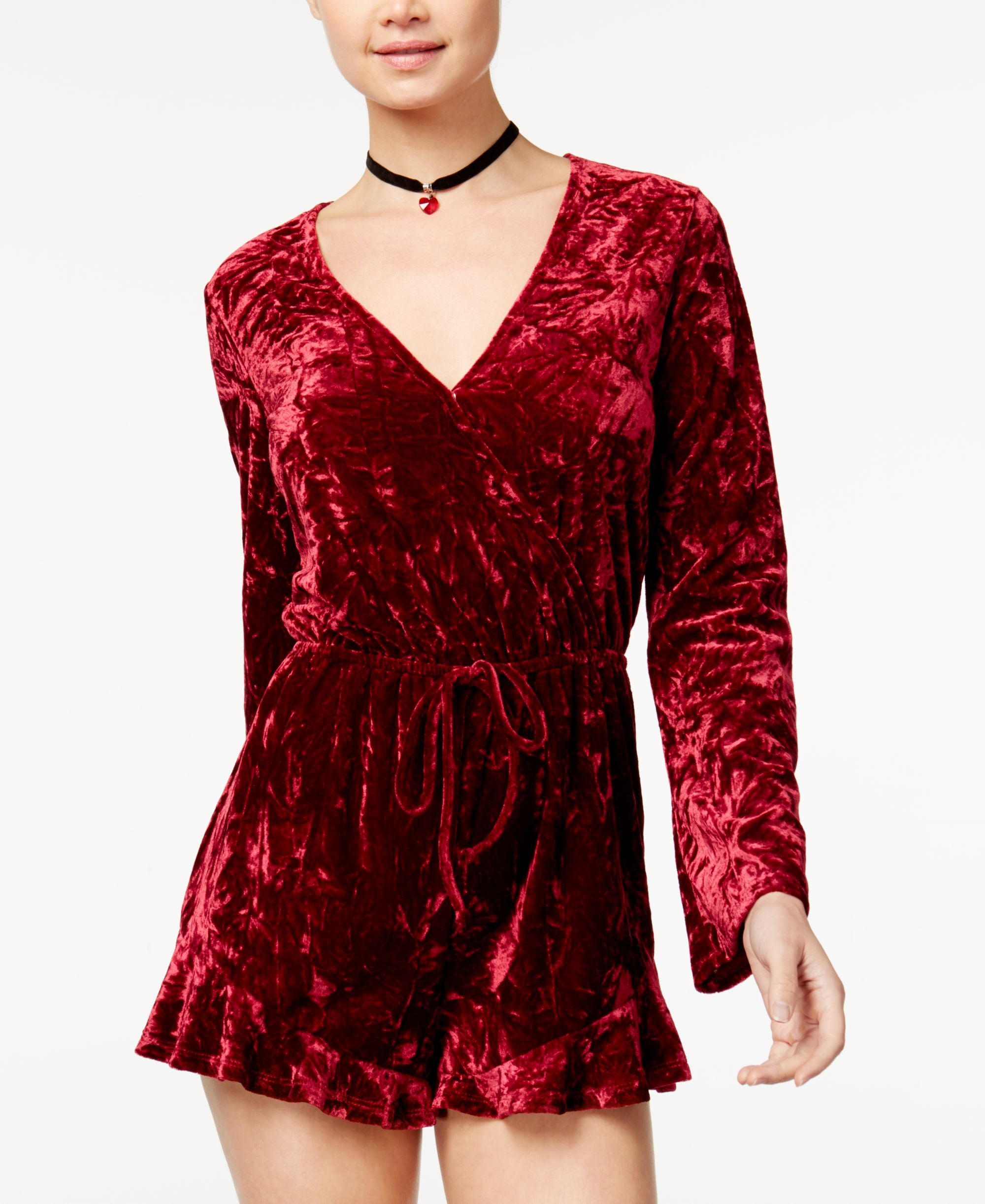 Juniors' Crushed Velvet Surplice Romper