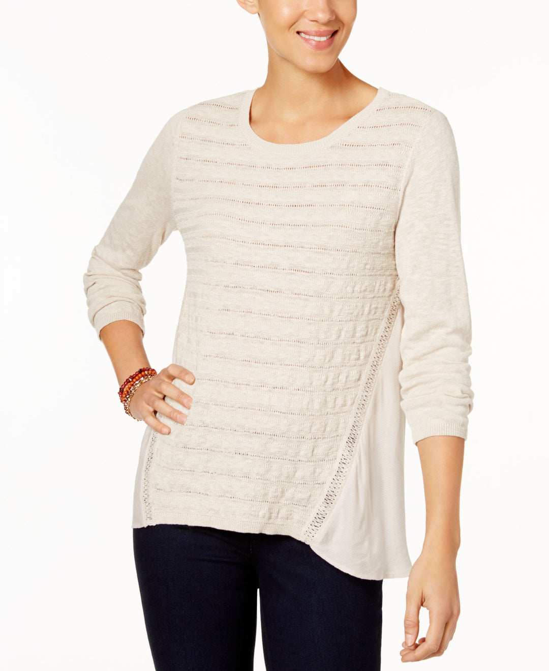 Style & Co Petite Cotton Pointelle Knit High Low Sweater