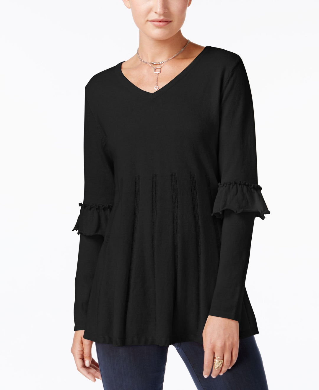 Petite Pleated Ruffle-Sleeve Sweater