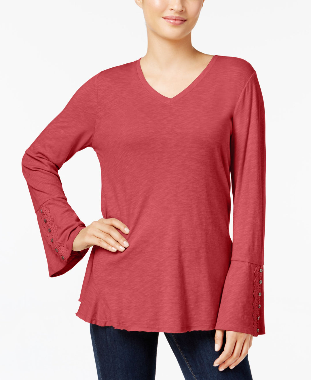 Style & Co Petite Crochet Trim Side Flounce Top