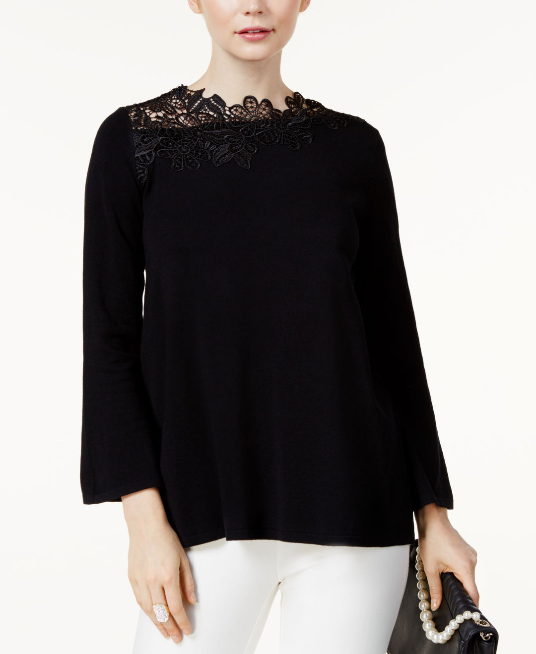 Alfani Petite Asymmetrical Lace Neck Sweater