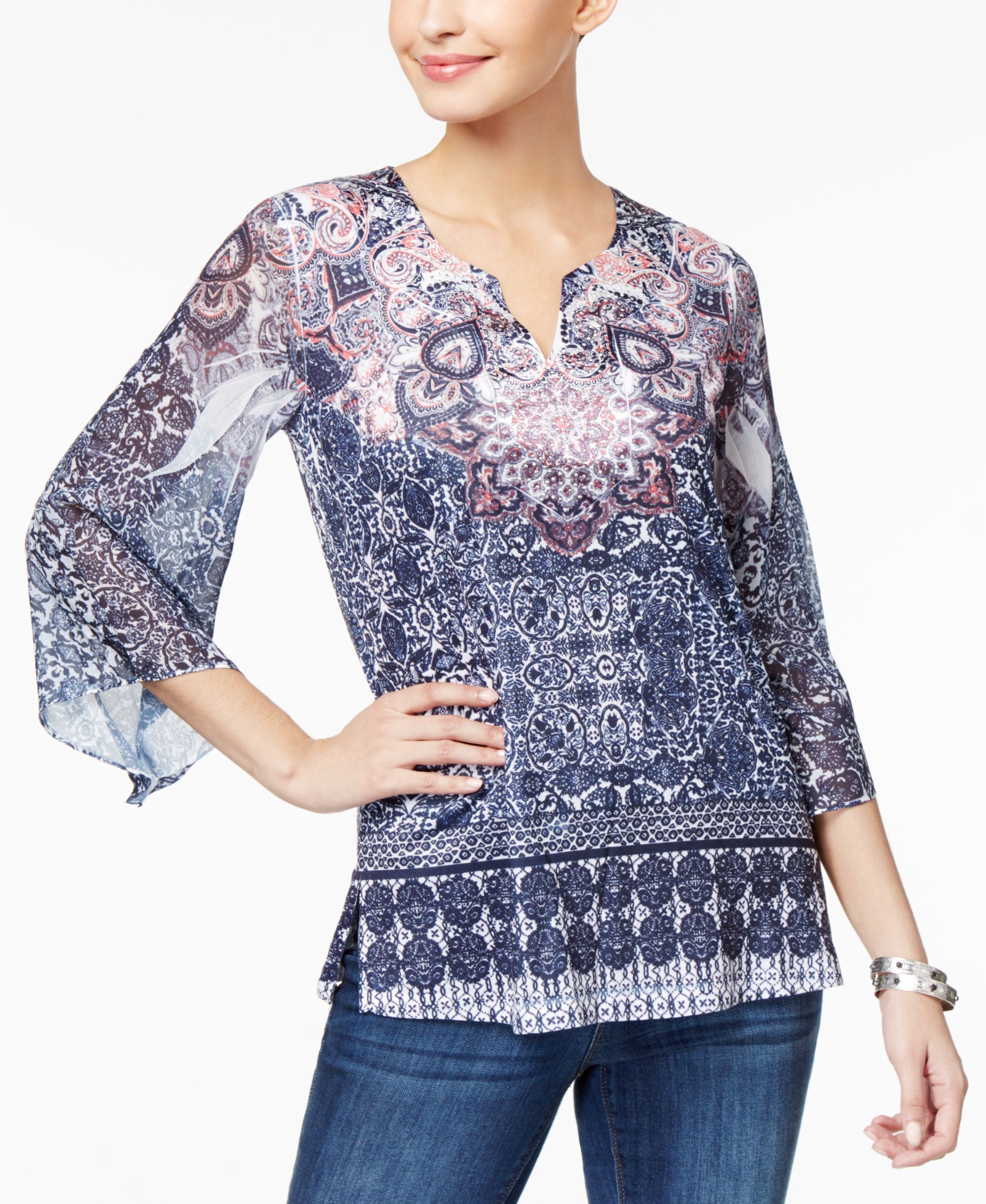 JM Collection Petite Printed Split Neck Tunic