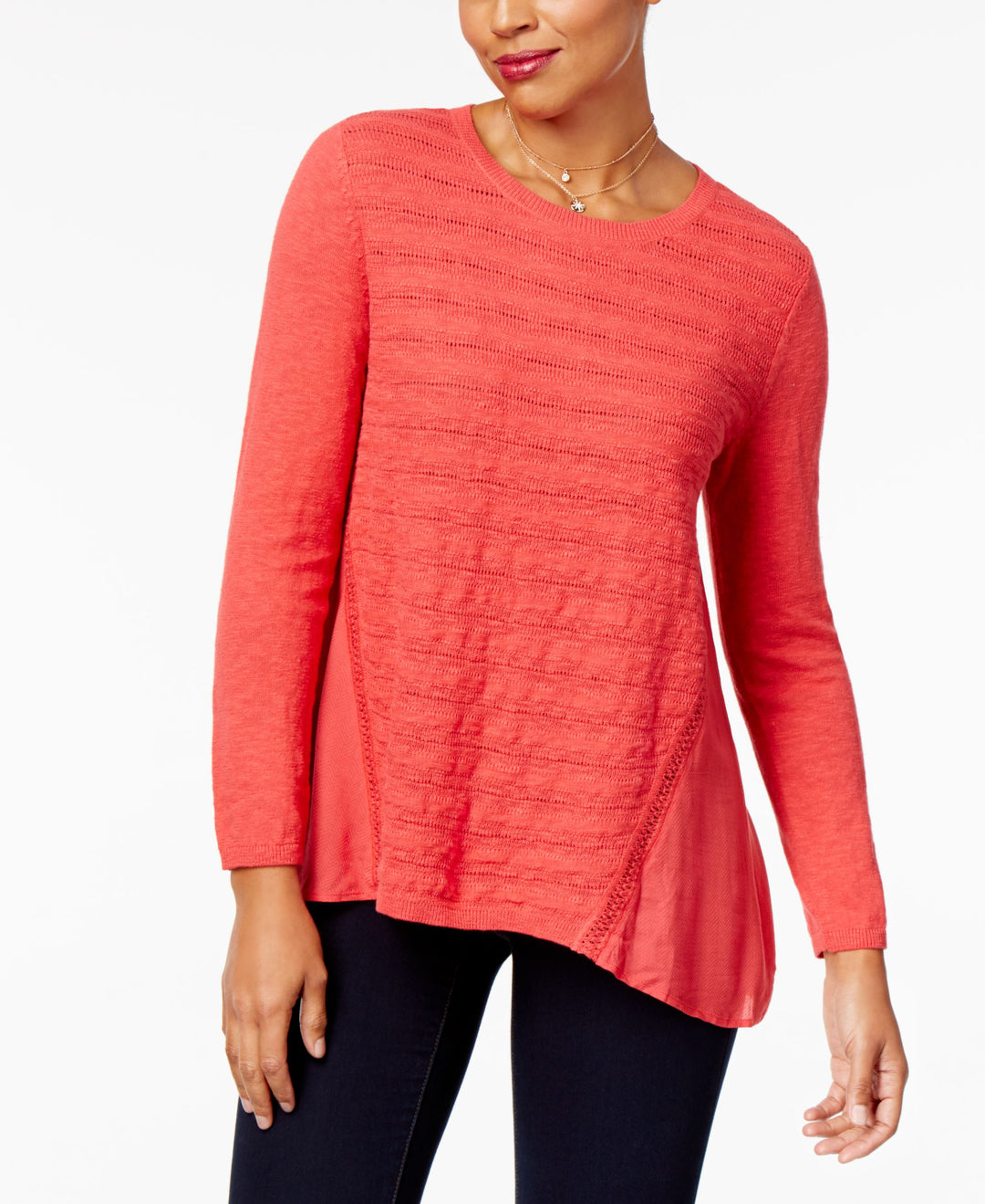 Style & Co Petite Cotton Pointelle Knit High Low Sweater