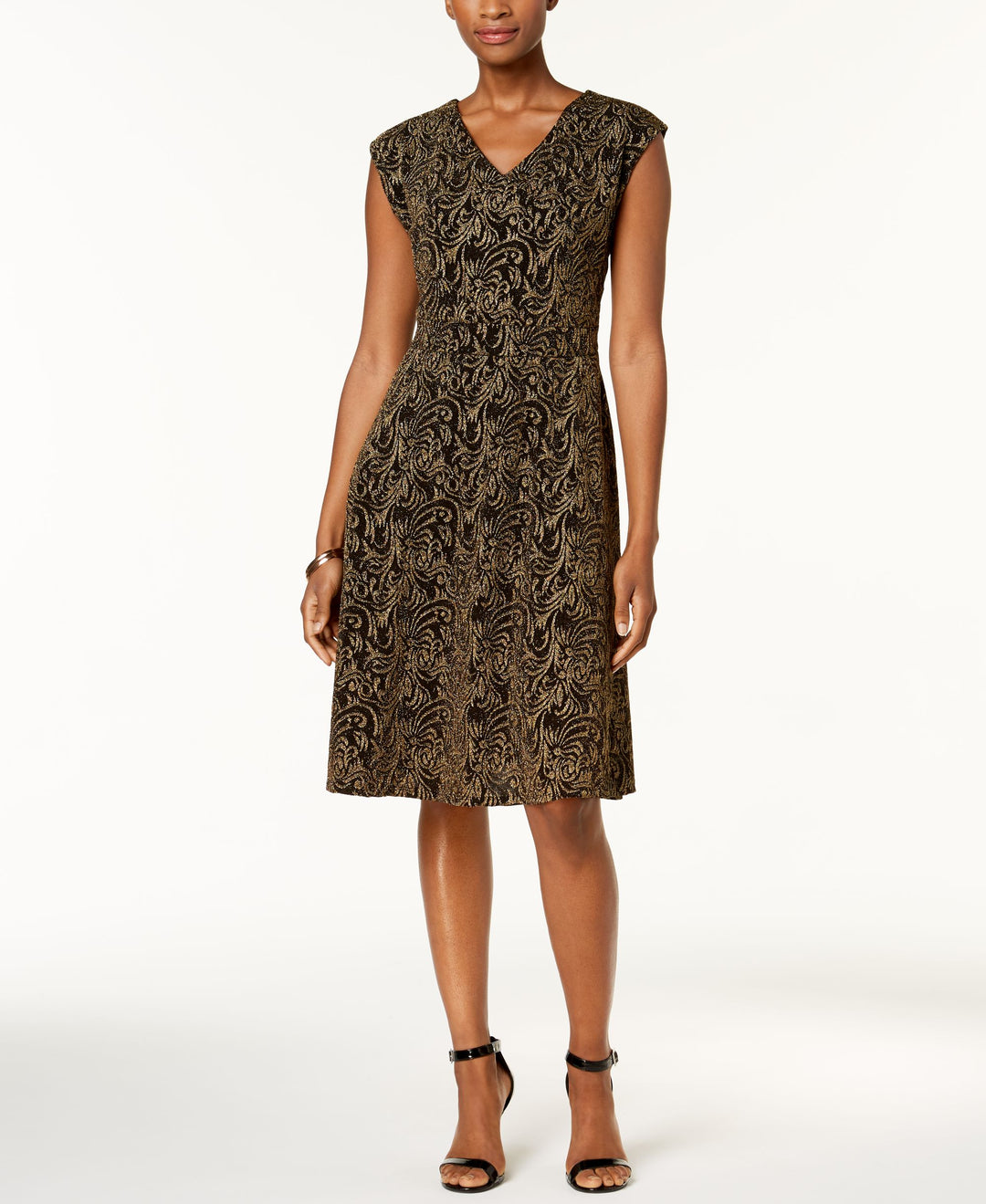 NY Collection Petite Metallic Printed Fit Flare Dress