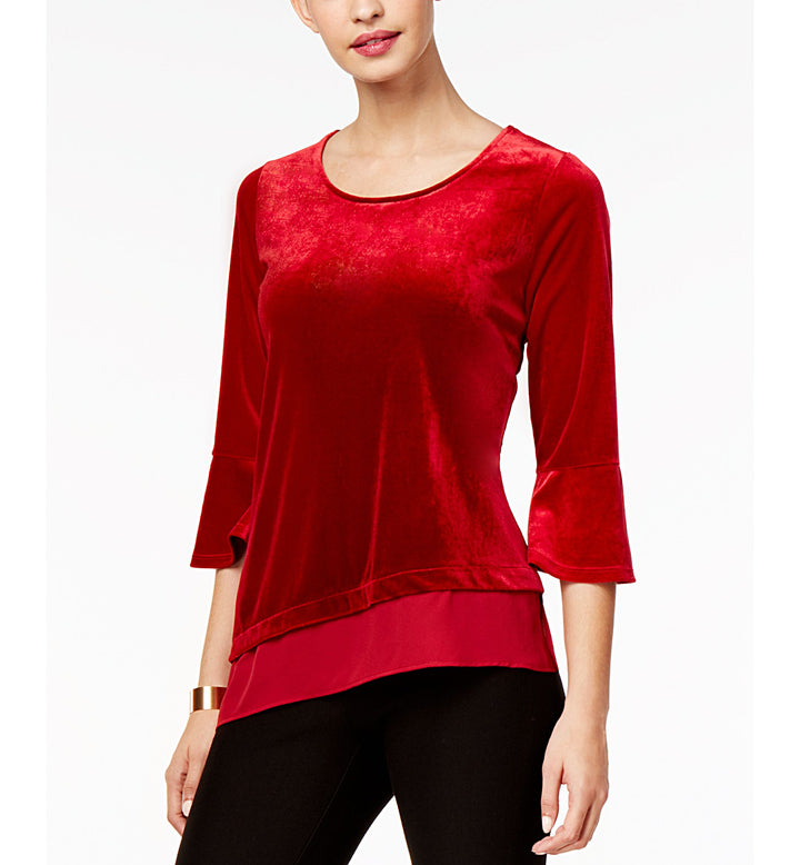 NY Collection Asymmetrical Chiffon Trimmed Velvet Top