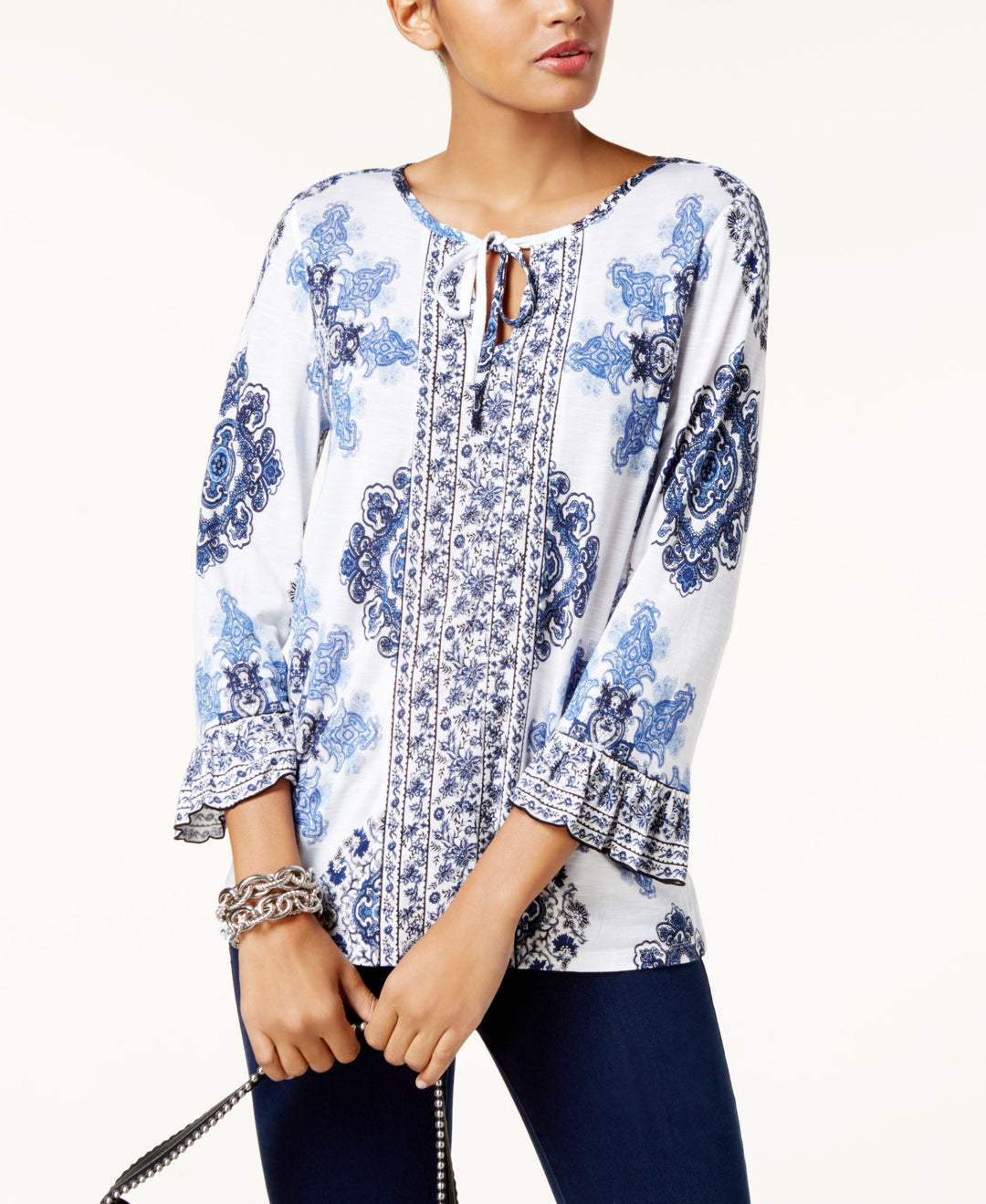 INC International Concepts Mixed Print Peasant Top