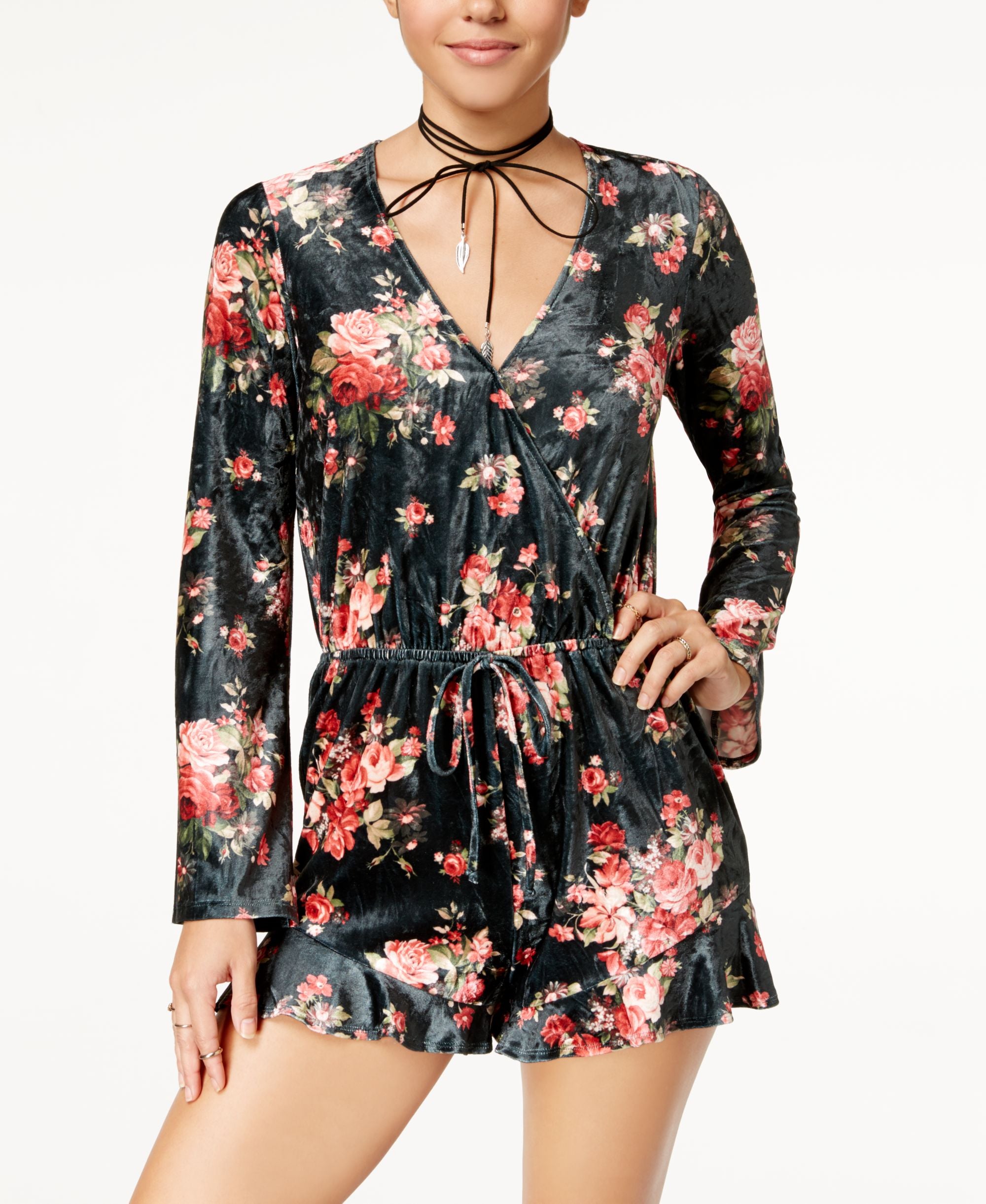 Be Bop Juniors Velvet Floral Print Romper
