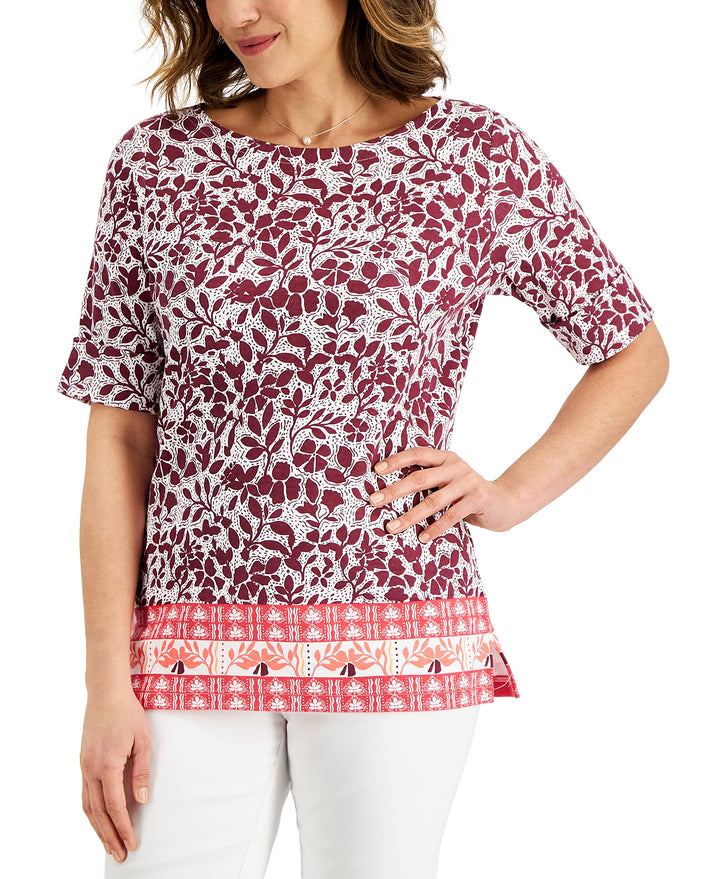 Karen Scott Petite Oahu Dream Elbow Sleeve Boatneck Top
