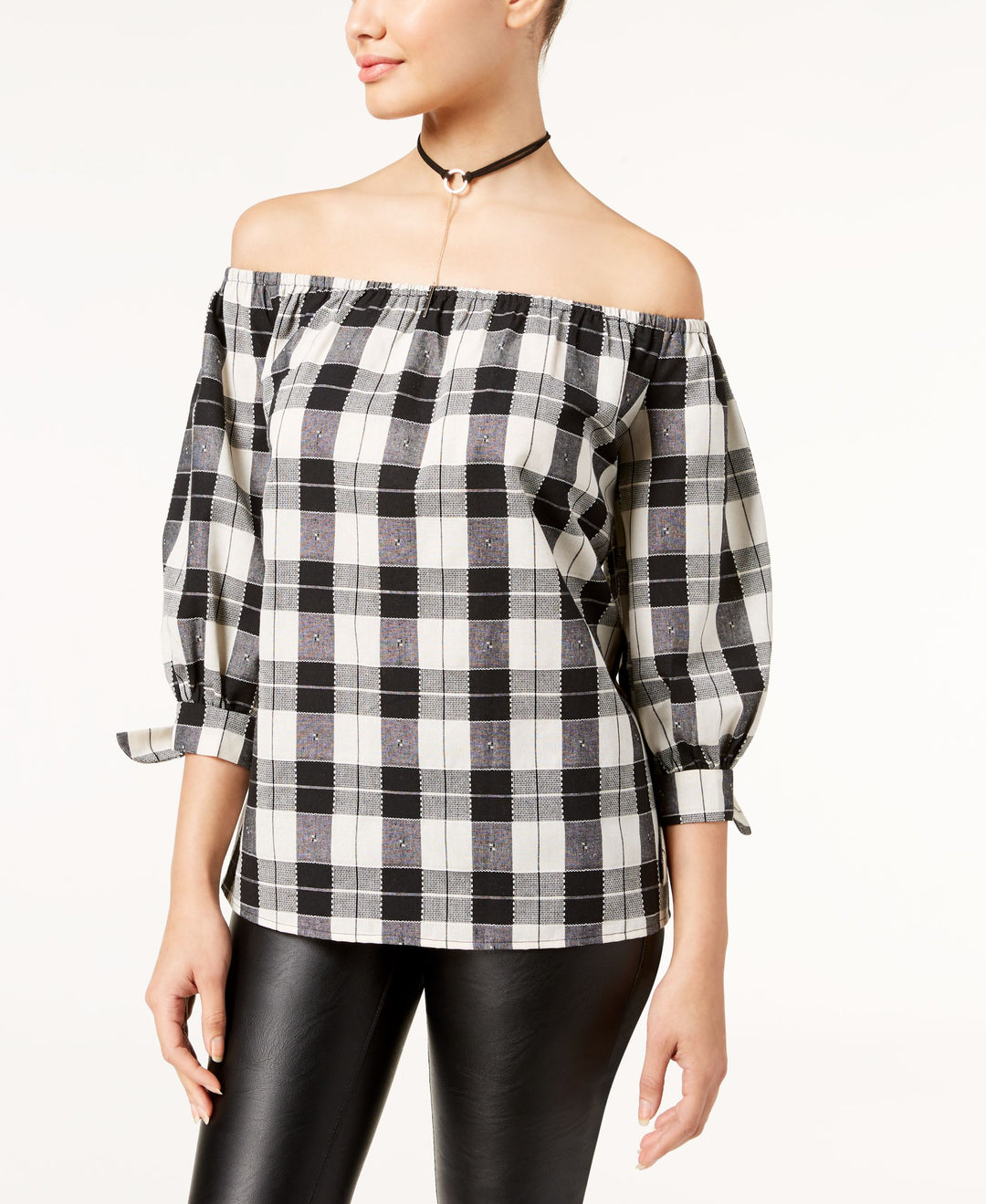 Say What Juniors Plaid Off The Shoulder Top