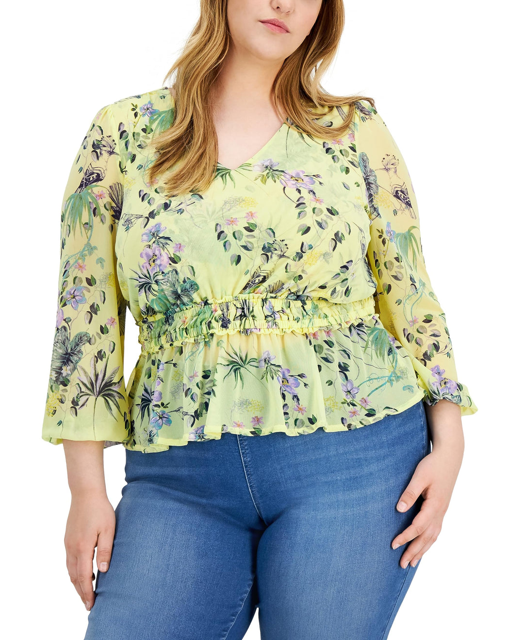 INC International Concepts Plus Size Printed Mesh Peplum Top