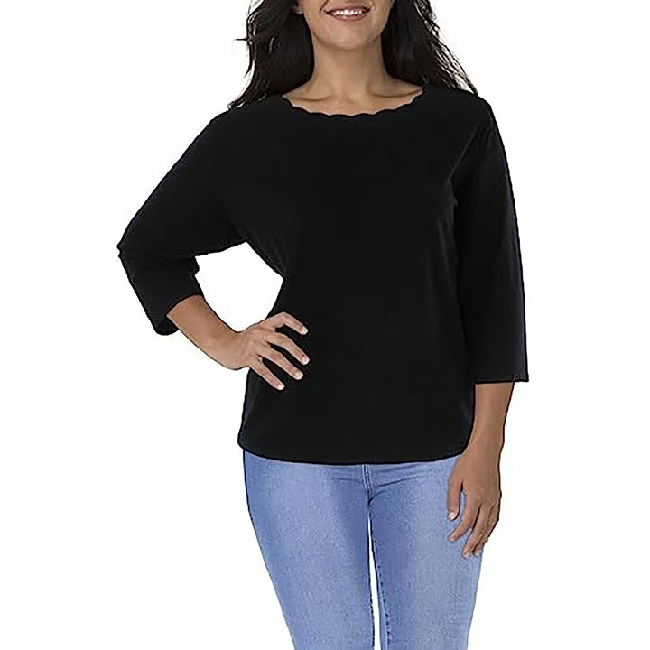 Anne Klein Womens Plus 3/4 Sleeve Scalloped Pullover Top
