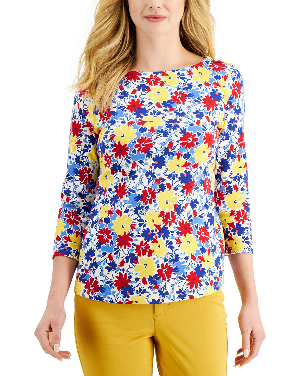 Charter Club Womens Printed Boat Neck 3/4 Sleeve Top