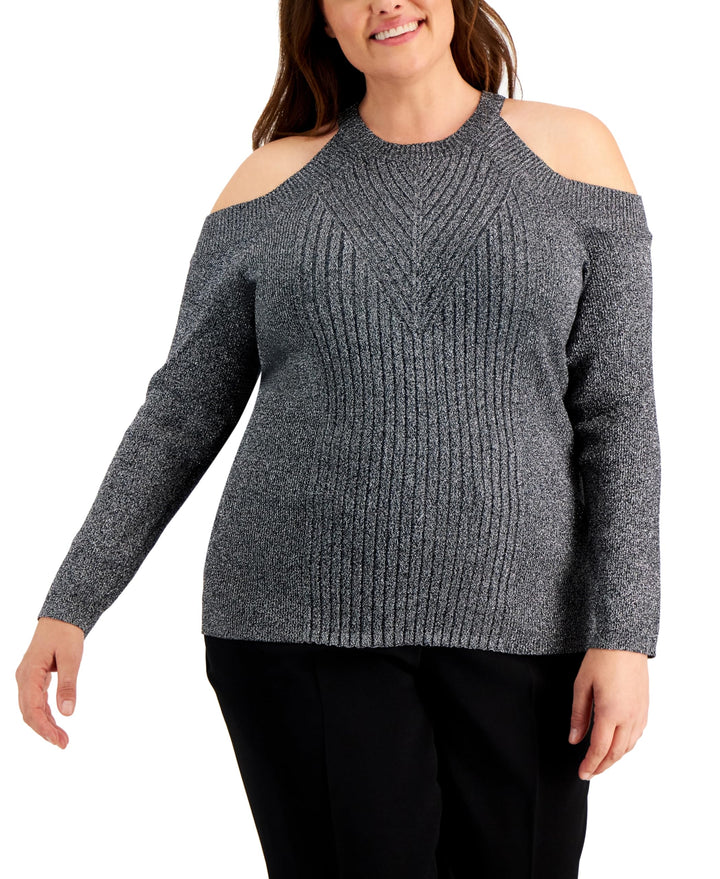 INC International Concepts Plus Size Shine Cold Shoulder Sweater