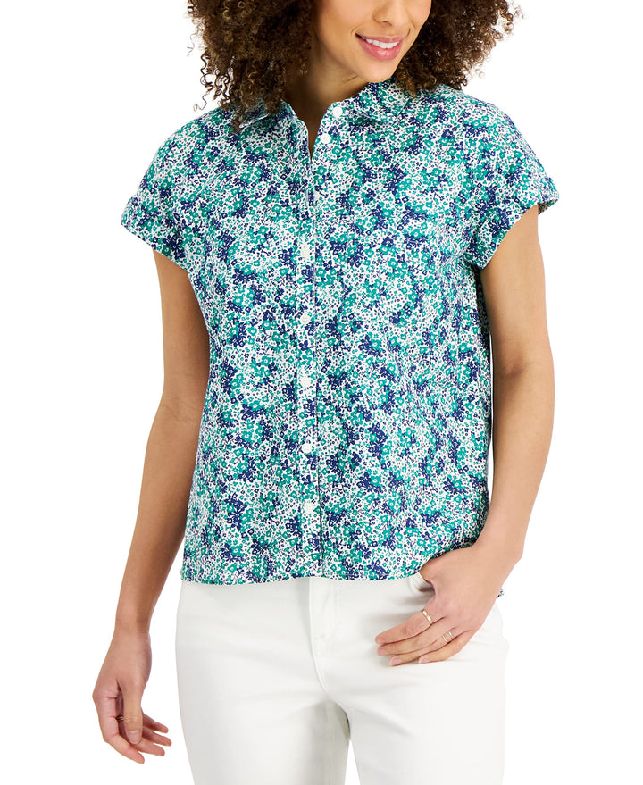 Style & Co Womens Spring Escape Printed Cotton Button Front Top