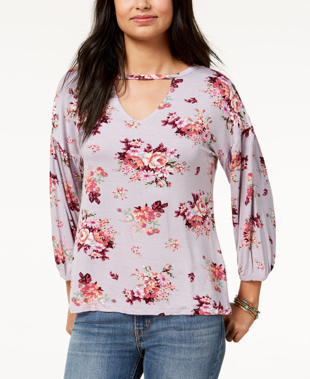 Juniors' Keyhole Bubble-Sleeve Top
