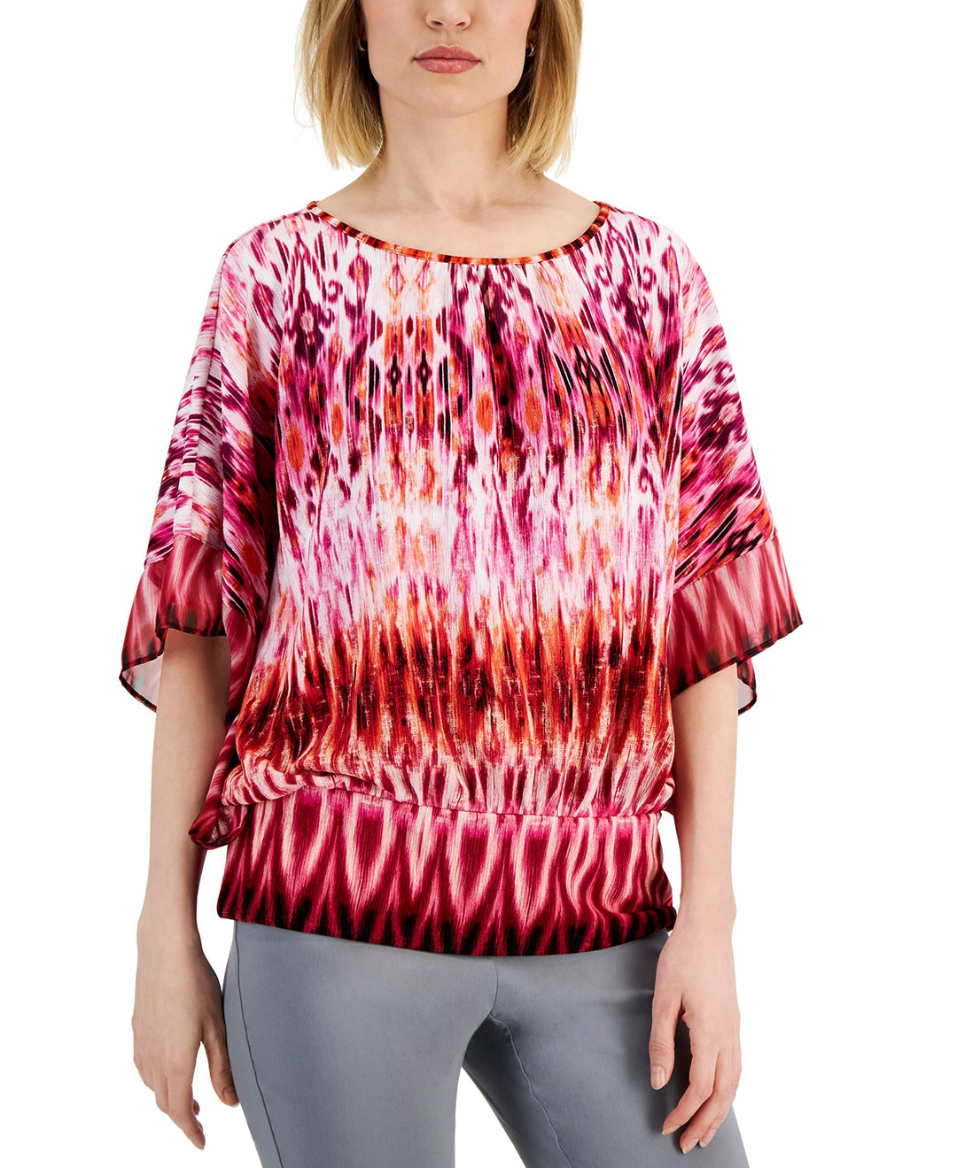 JM Collection Petite Ikat Print Jacquard Blouson Top