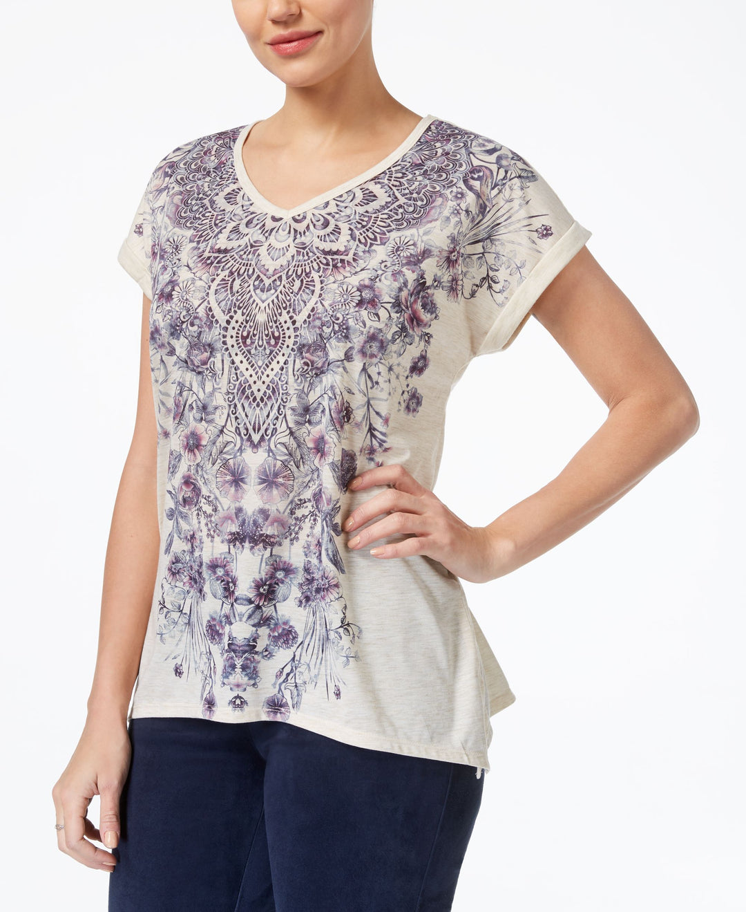 Style & Co Petite Printed Cuff Sleeve T-Shirt