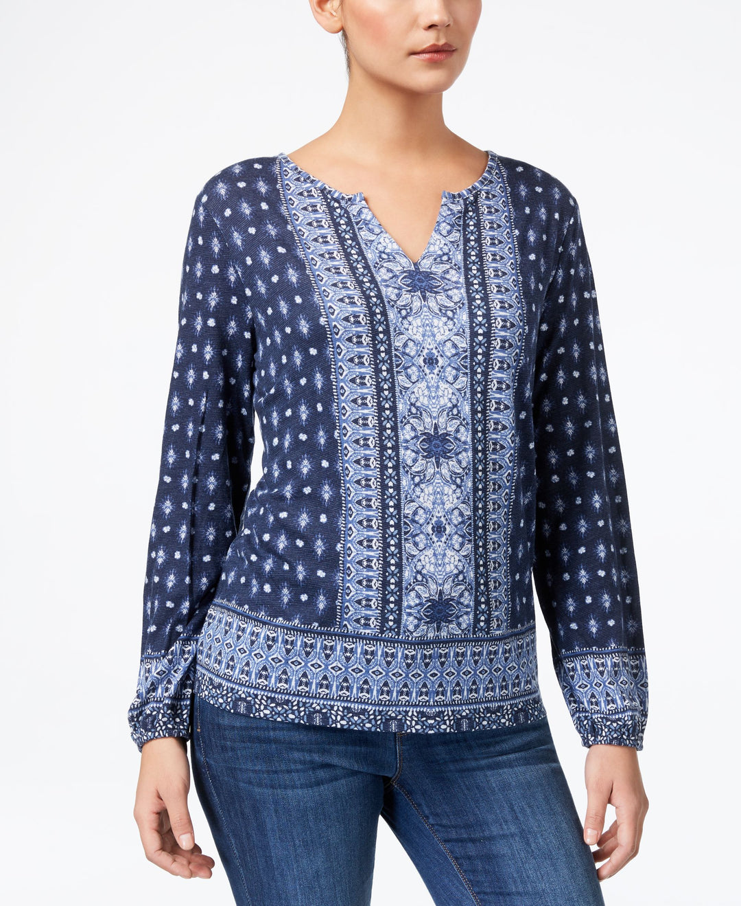 Style & Co Mixed Print Split Neck Top