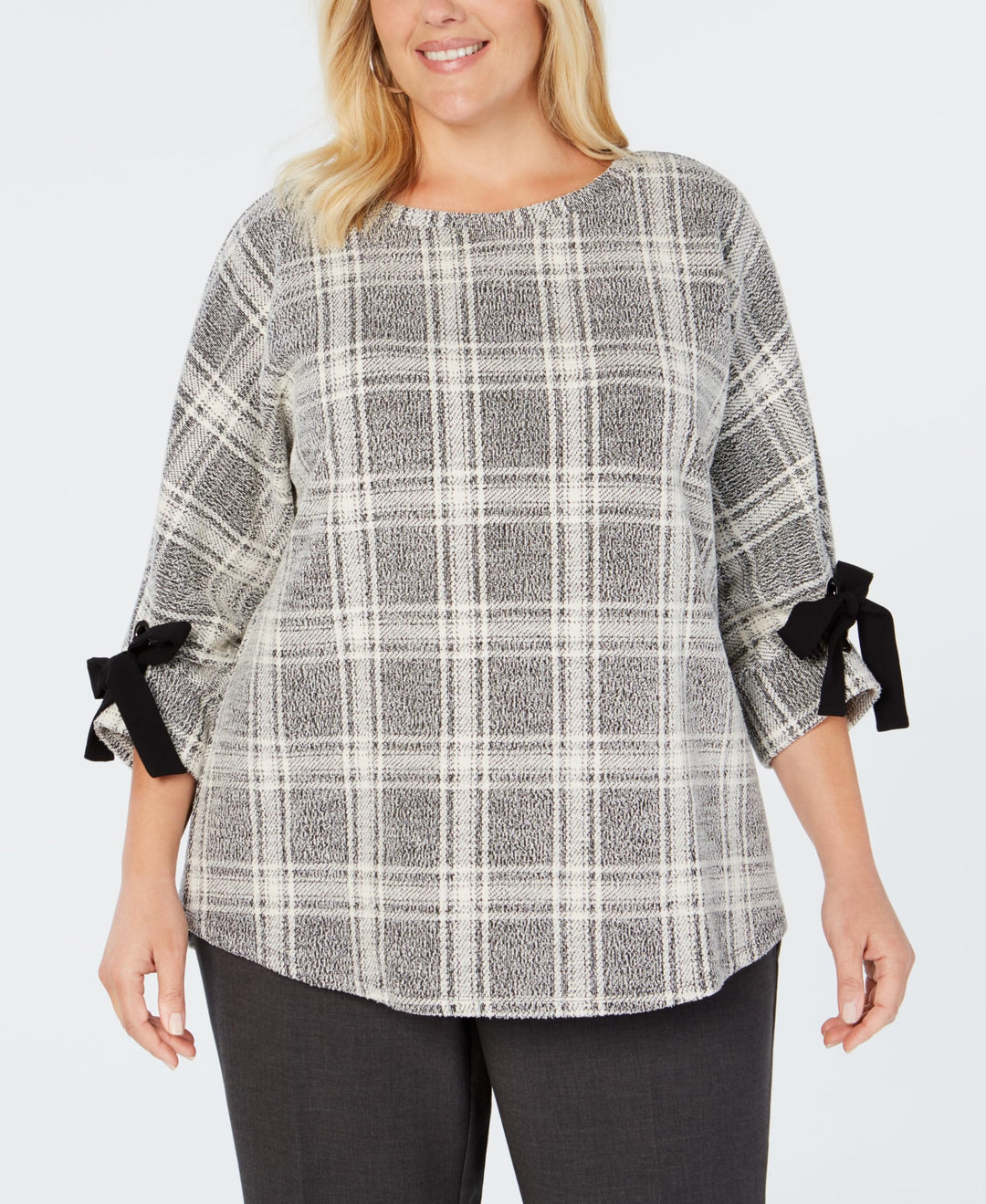 Charter Club Plus Size Plaid Bow Cuffed Dolman Sleeve Top