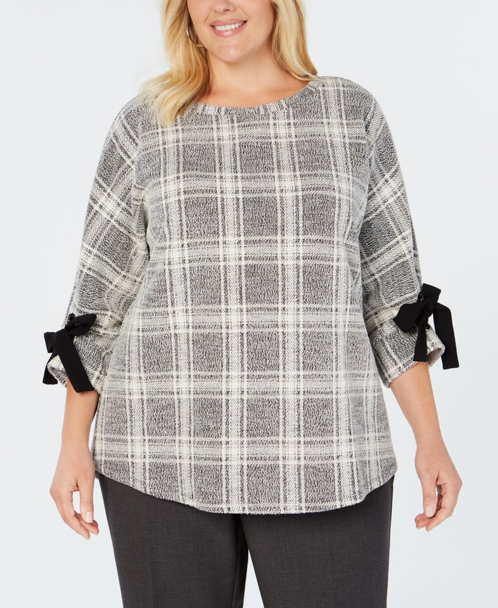 Charter Club Plus Size Plaid Bow Cuffed Dolman Sleeve Top