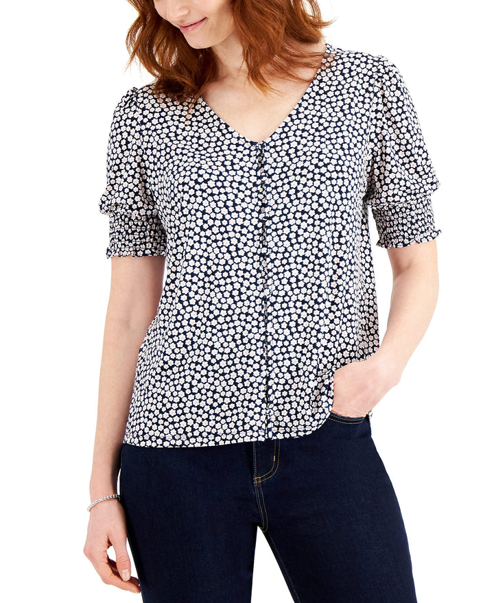 Charter Club Floral Print Smocked Cuff V Neck Top