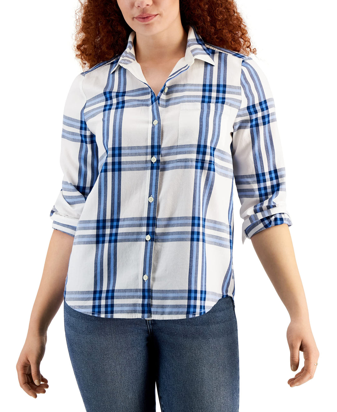 Style & Co Womens Cotton Plaid Button Front Shirt