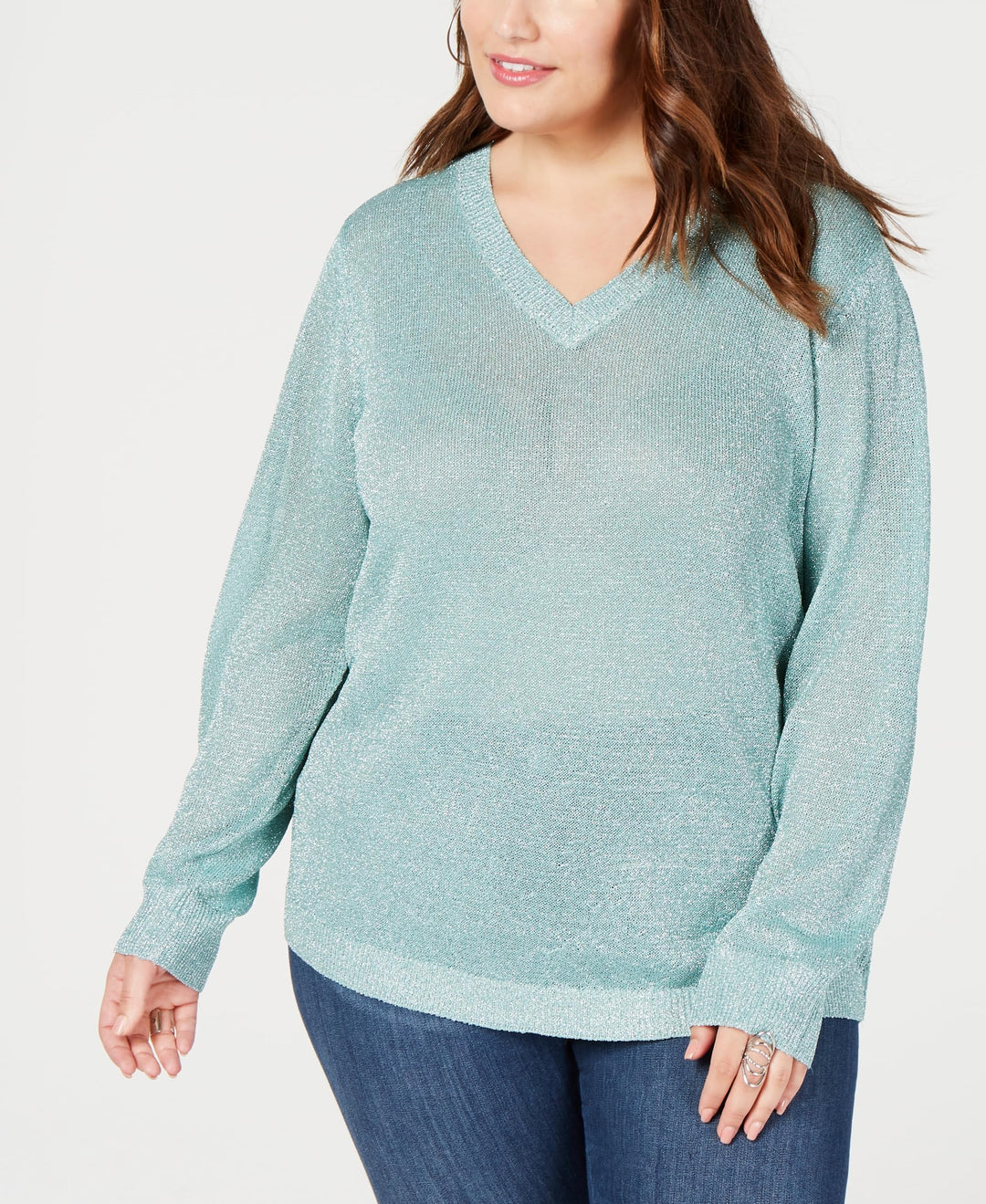 Plus Size V Neck Metallic Sweater
