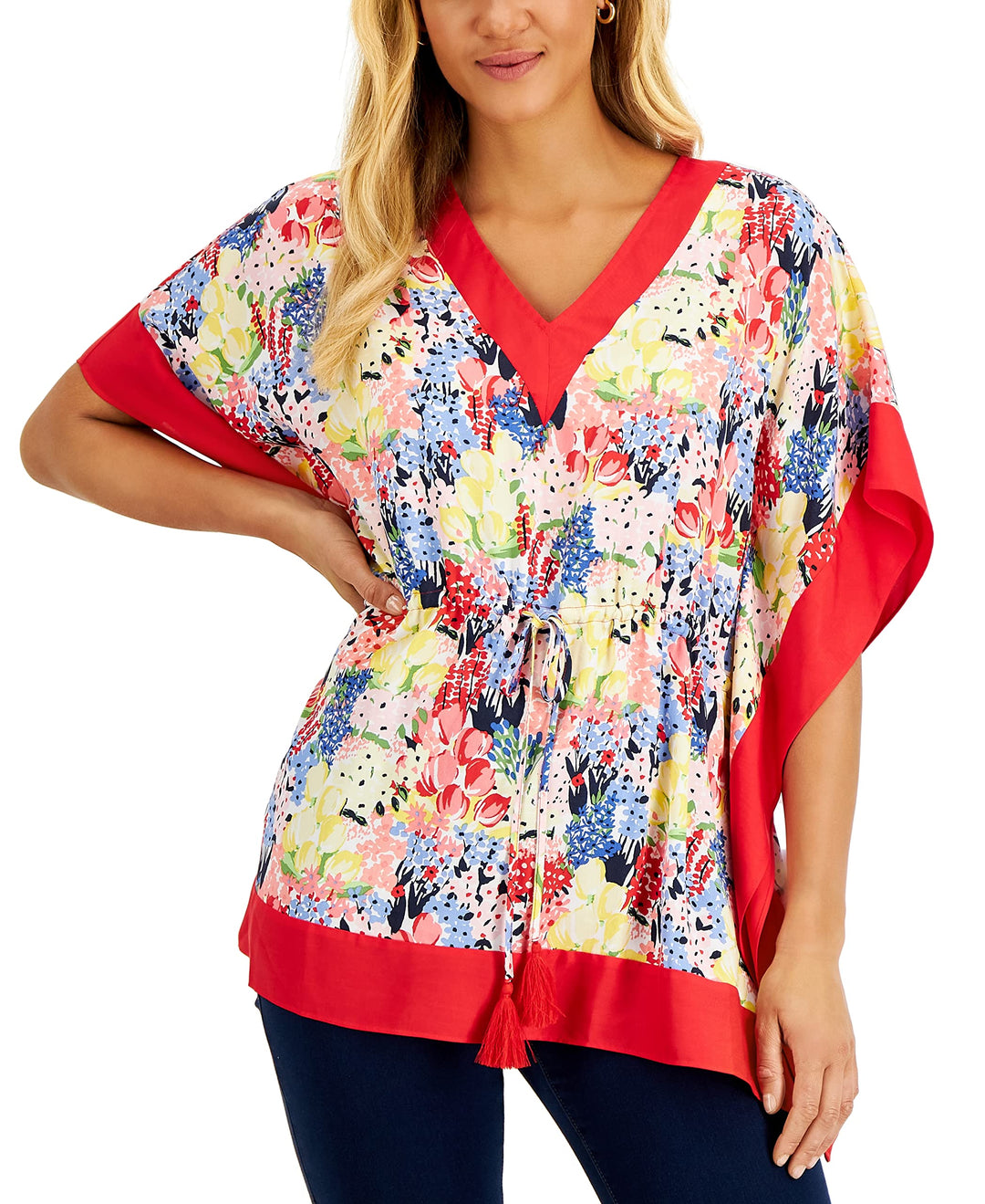 Charter Club Womens Cinch Waist Printed Poncho Top