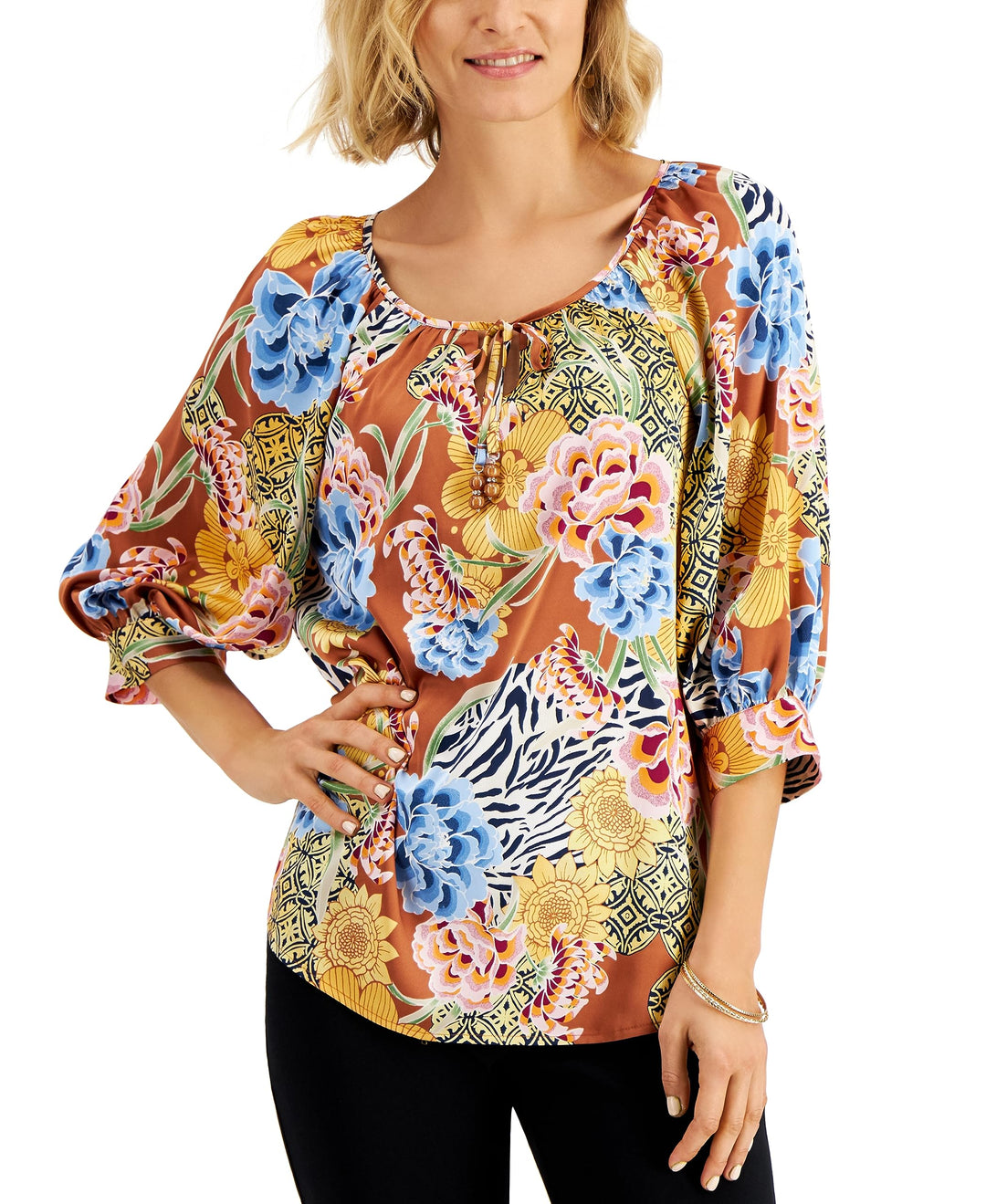 JM Collection Floral Print Balloon Sleeve Top