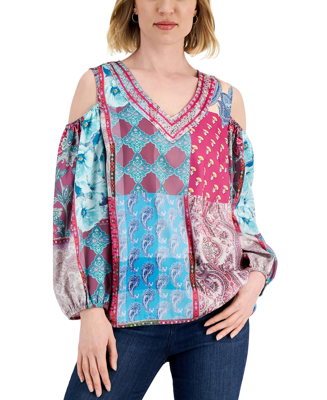 JM Collection Womens Paisley-Print Cold-Shoulder Top
