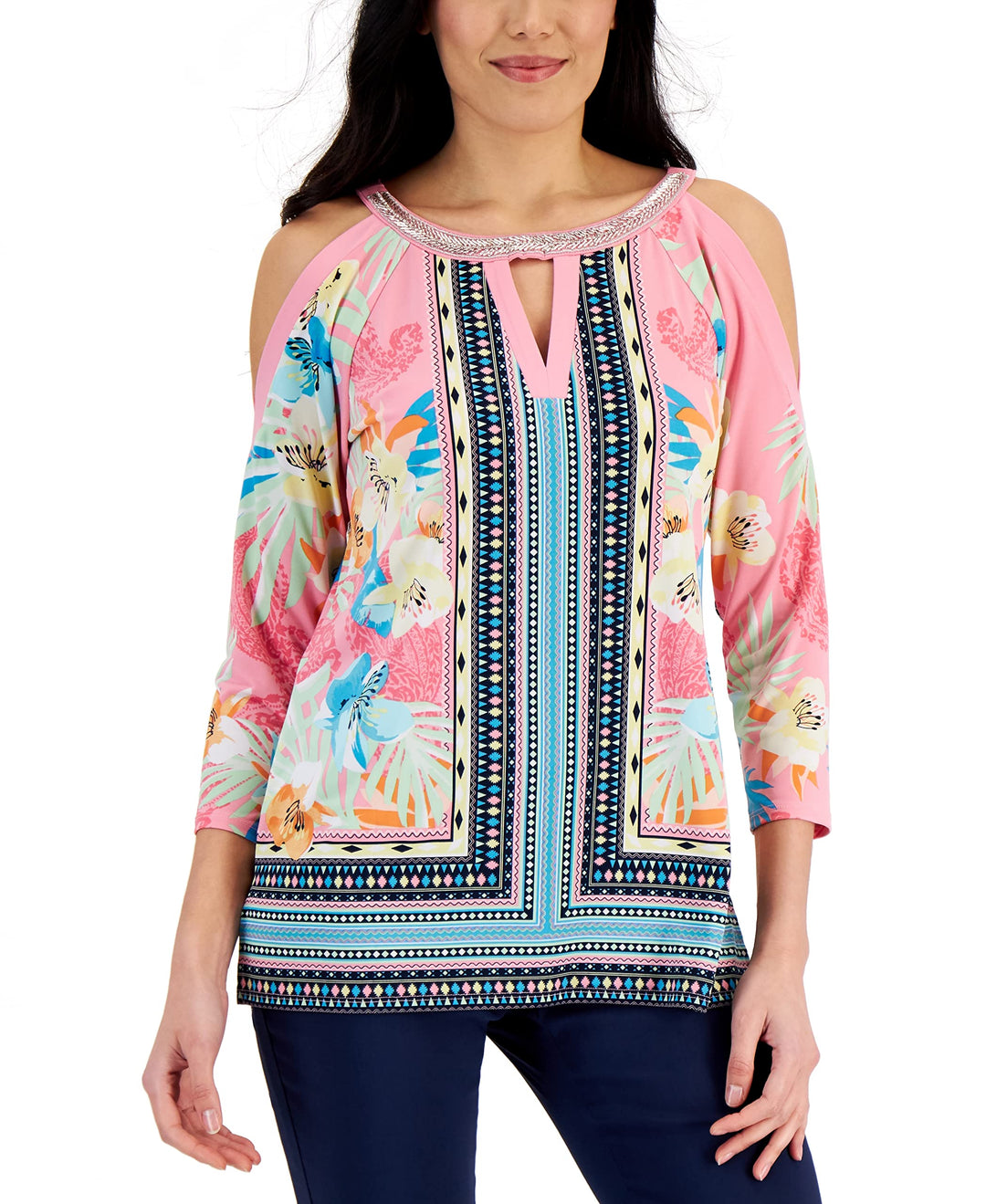 JM Collection Womens Mixed Print Cold Shoulder Top