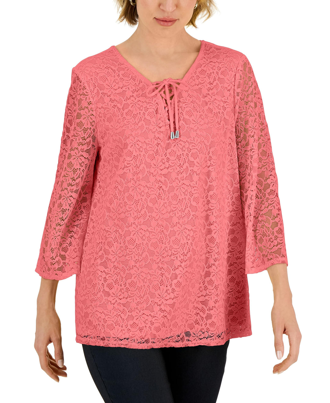 JM Collection Womens Lace Up Lace Top