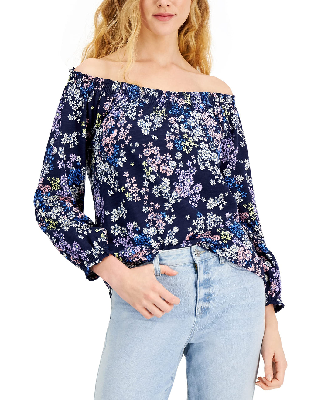Style & Co Cotton Floral Print Off The Shoulder Top