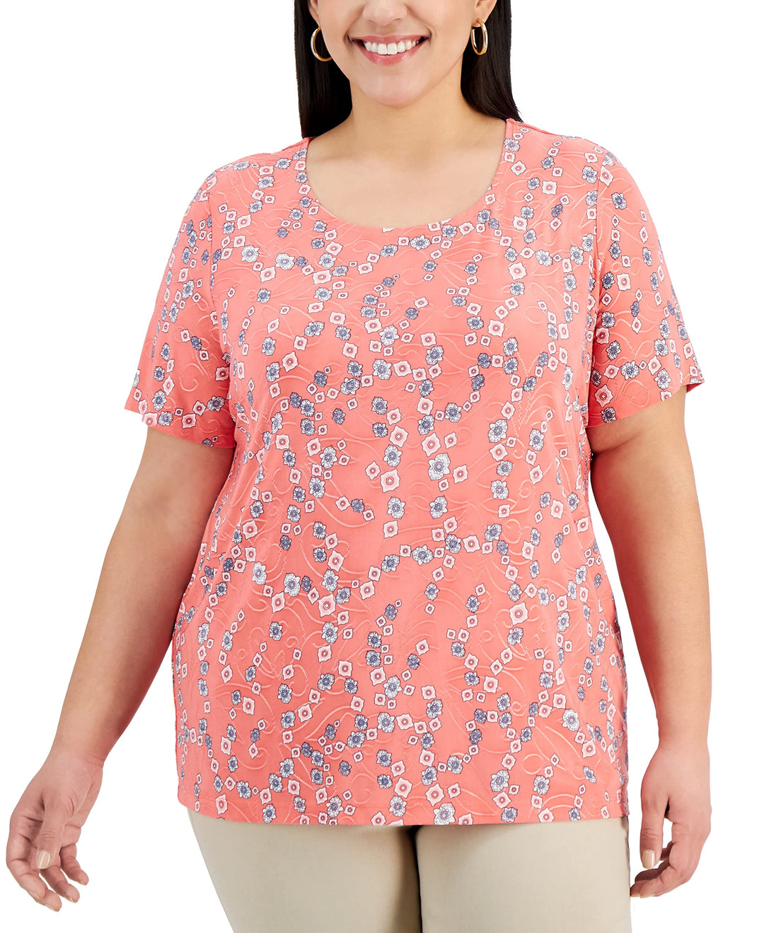 JM Collection Plus Size Jacquard Printed Scoop Neck Top