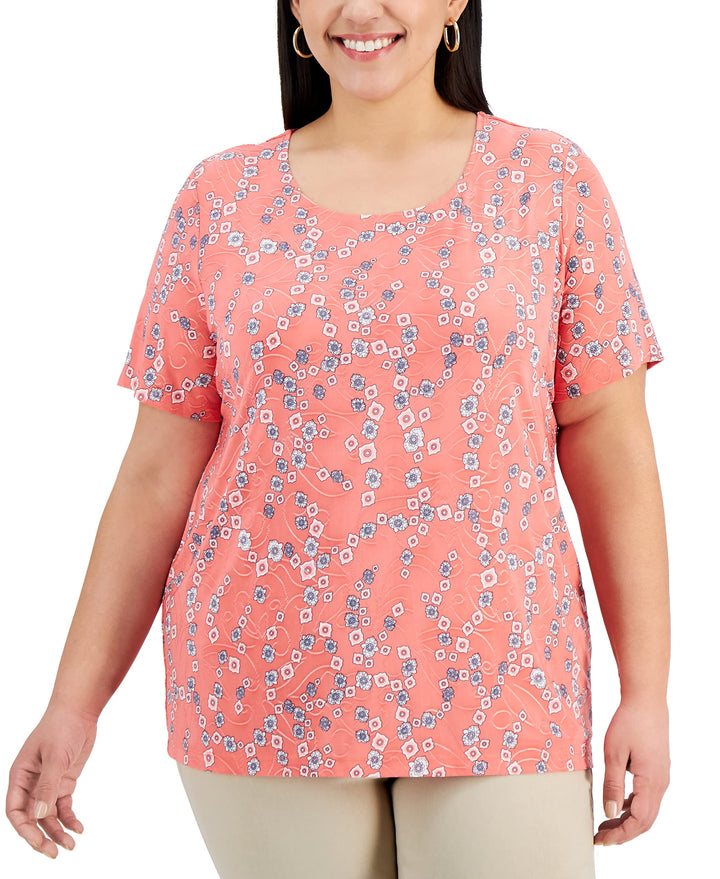 JM Collection Plus Size Jacquard Printed Scoop Neck Top