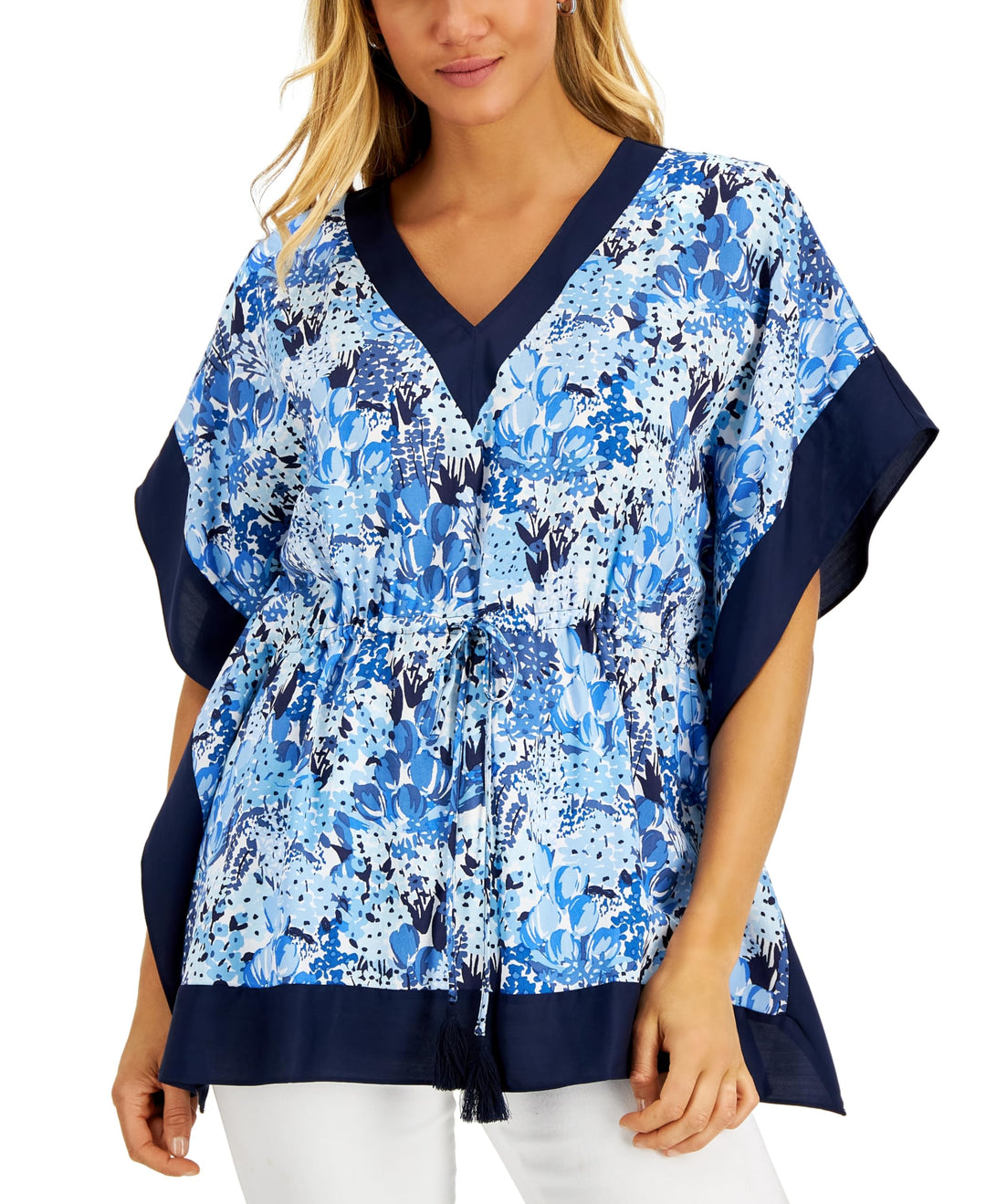 Charter Club Womens Cinch Waist Printed Poncho Top
