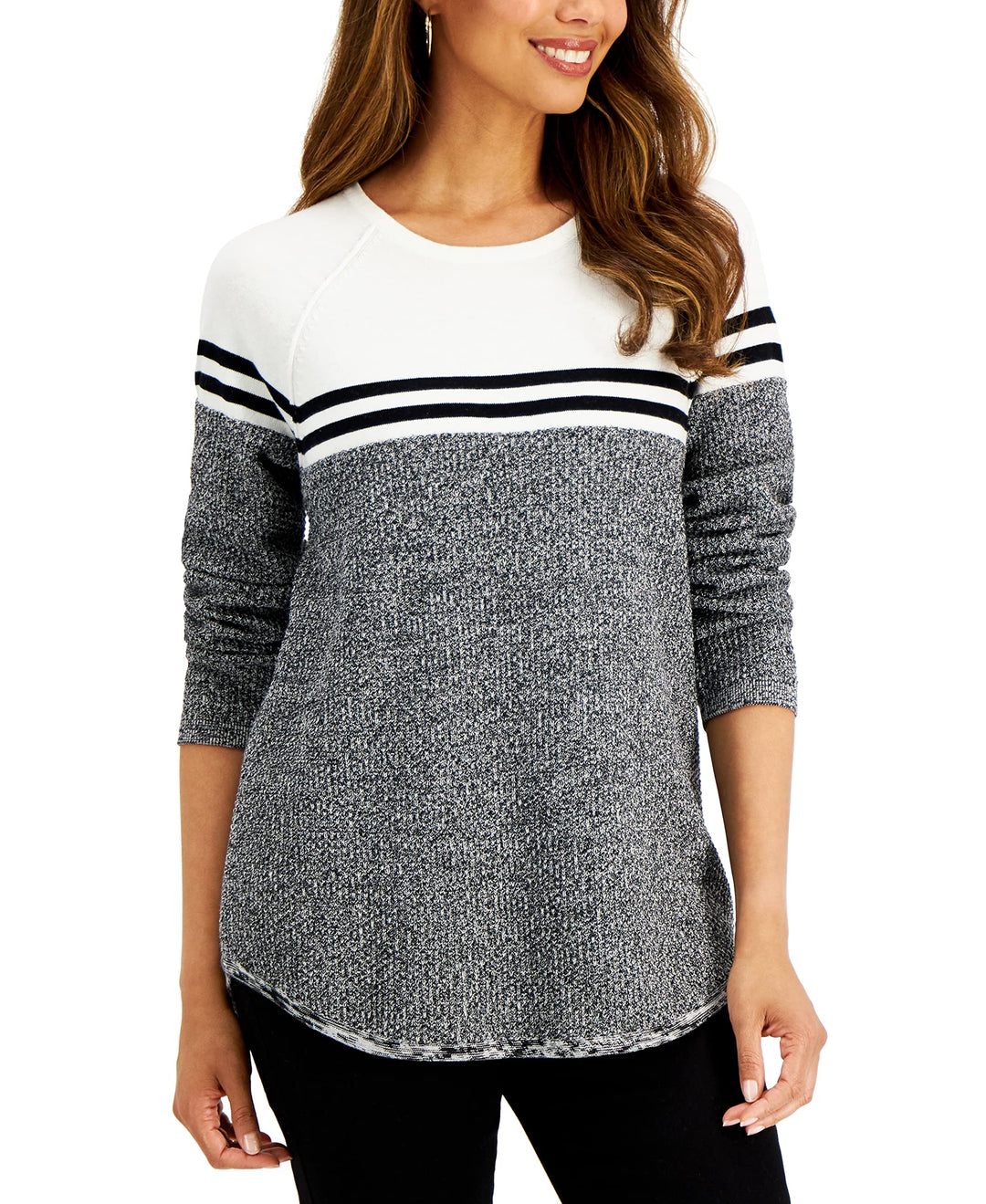 Karen Scott Marisa Cotton Colorblocked Textured Curved Hem Sweater