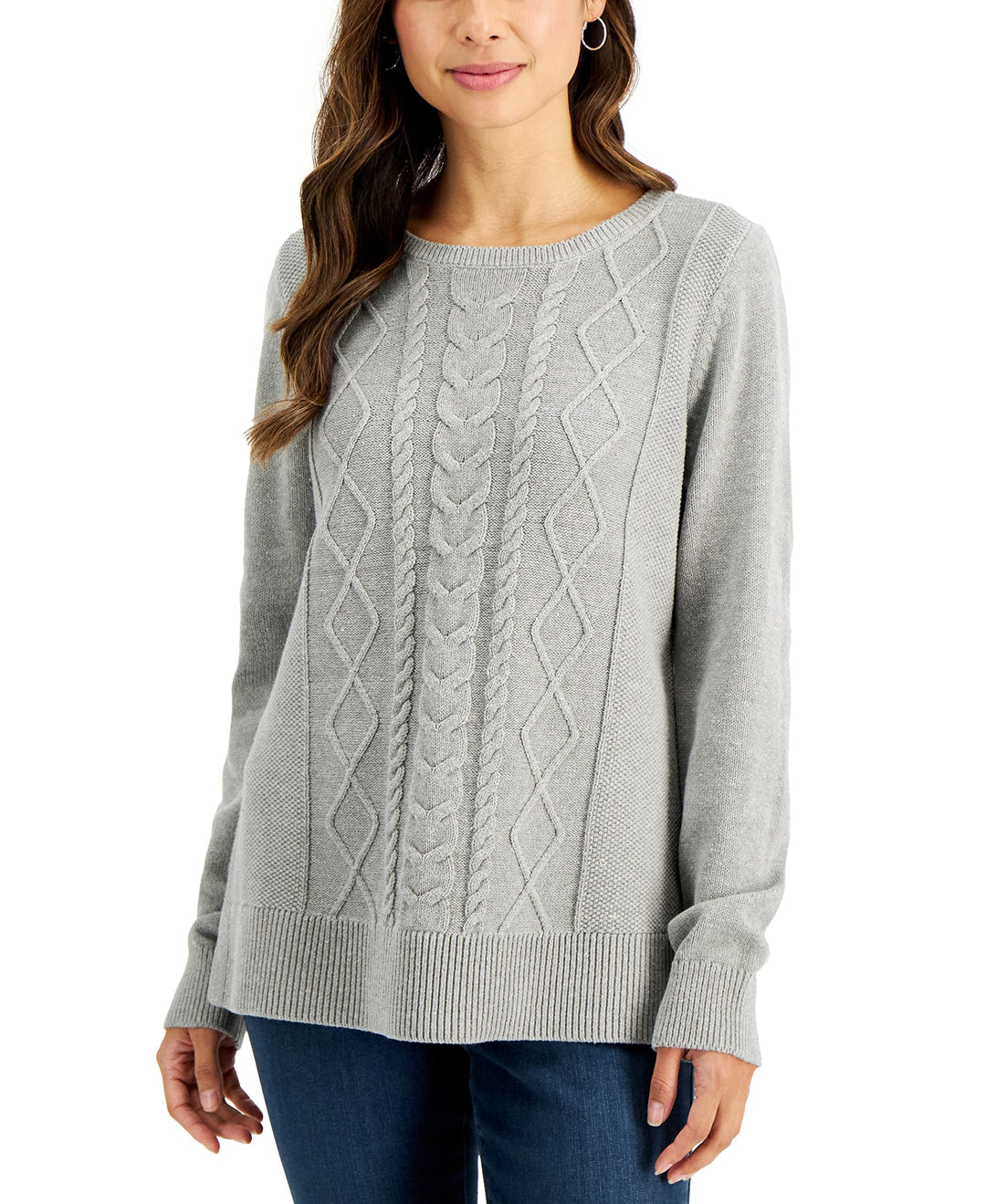 Karen Scott Petite Diamond Center Cable Knit Cotton Sweater