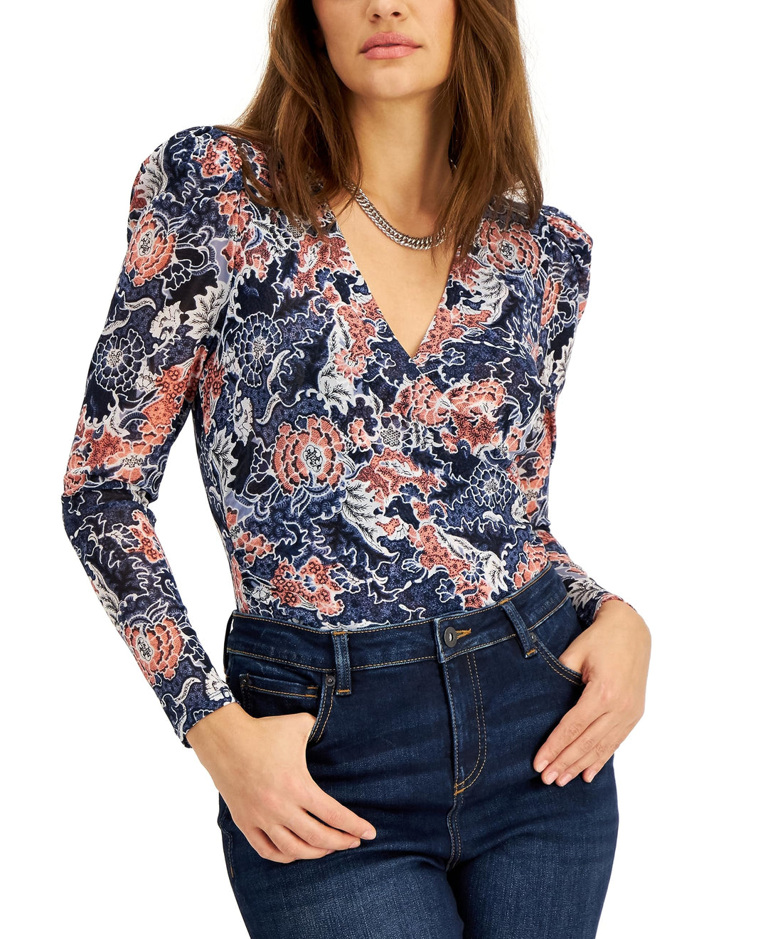 INC International Concepts Printed Mesh Surplice Top