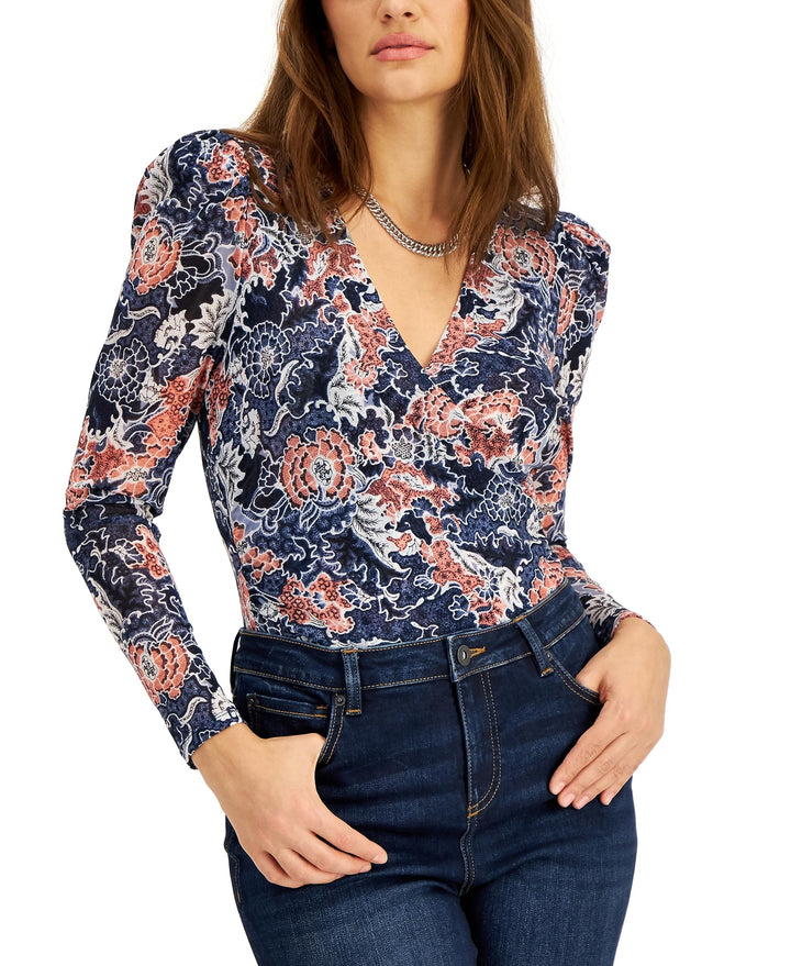 INC International Concepts Printed Mesh Surplice Top