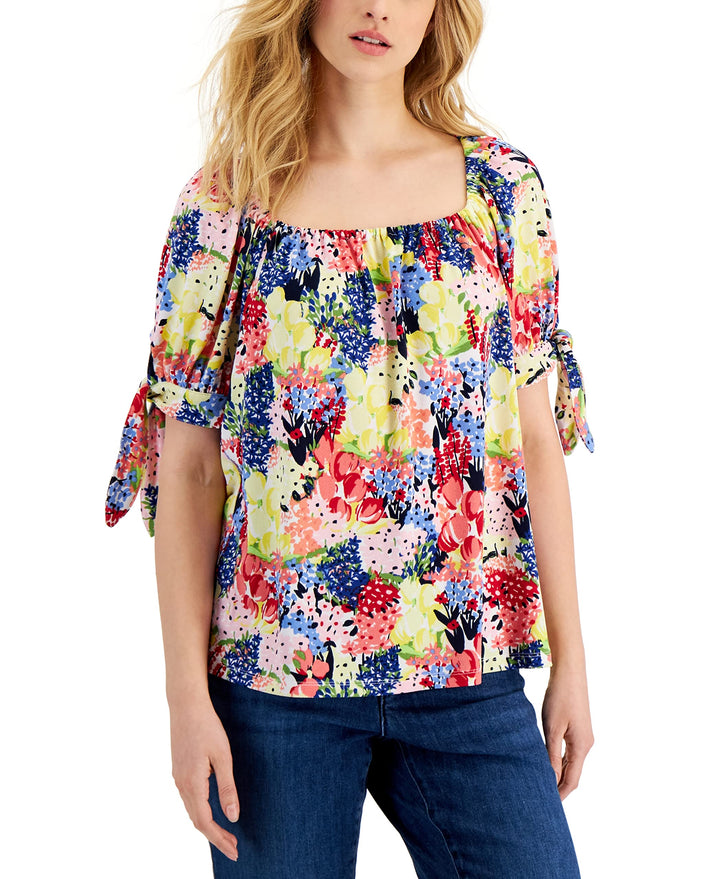 Charter Club Petite Blooming Meadow Tie-Sleeve Top