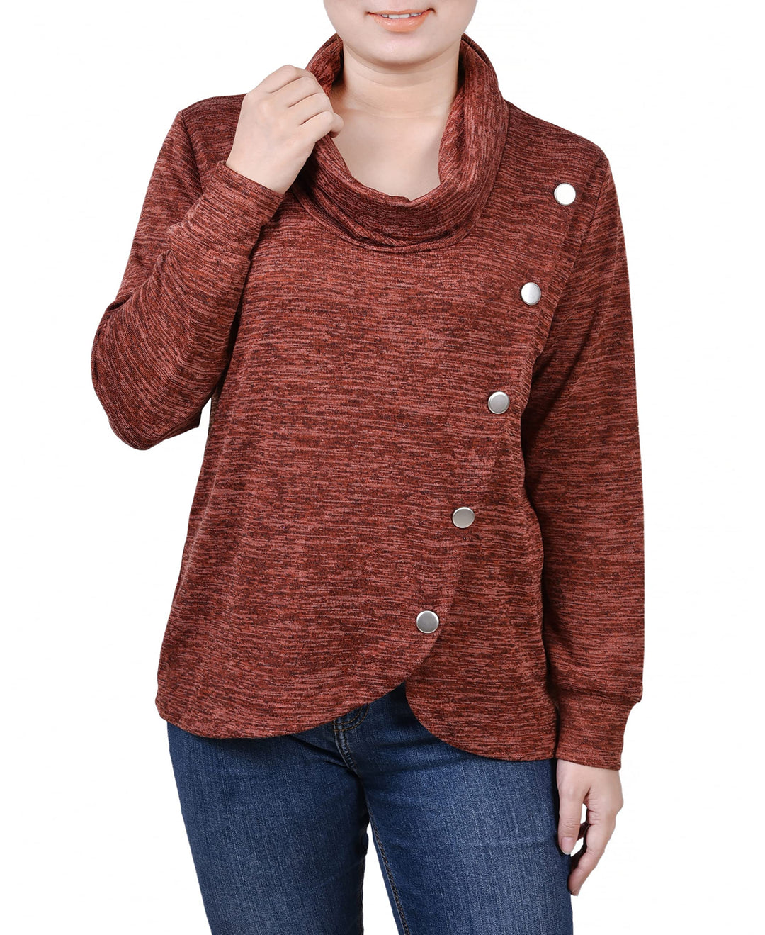 Petite Size Long Sleeve Overlapping Cowl Neck Top