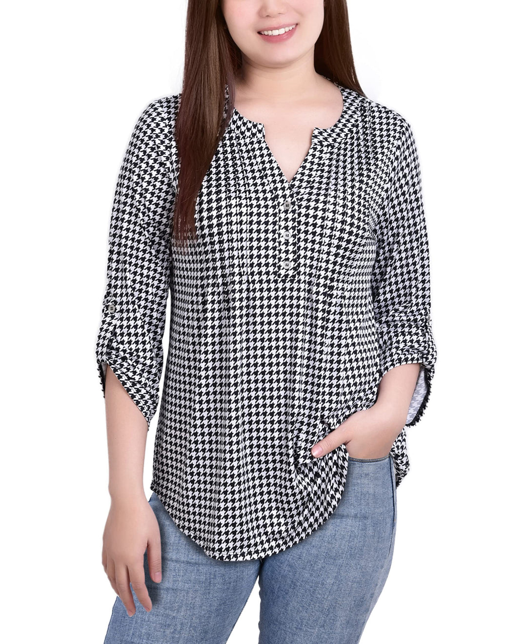 Petite Knit Jacquard 3/4 Sleeve Roll Tab Top