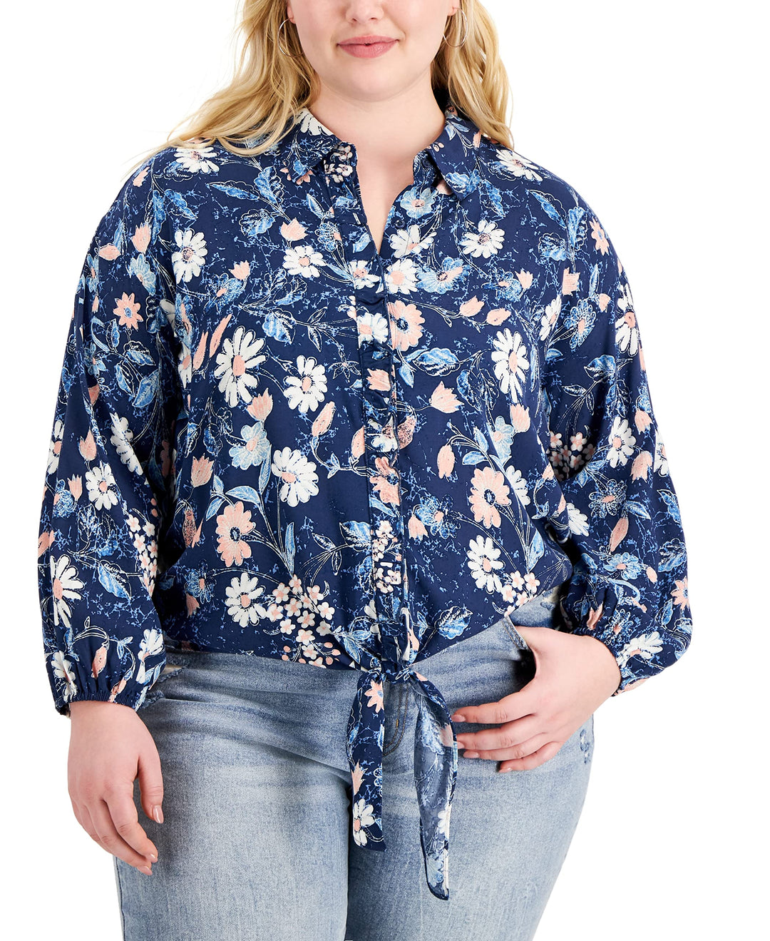 INC International Concepts Plus Size Printed Tie Front Blouse