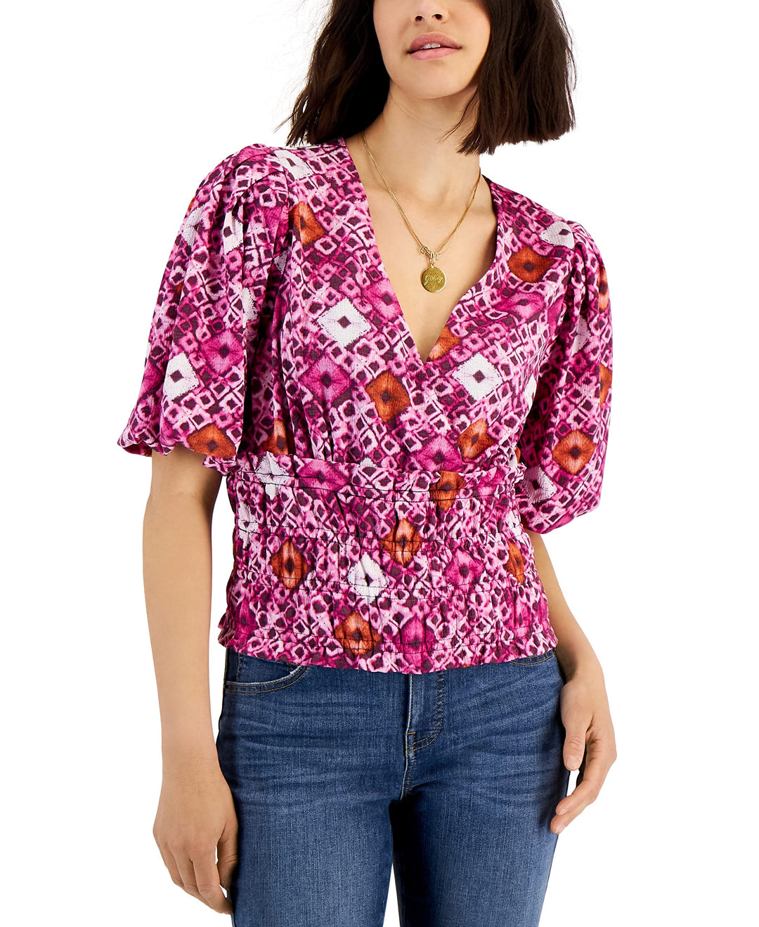 INC International Concepts Womens Printed Smock Waist Top