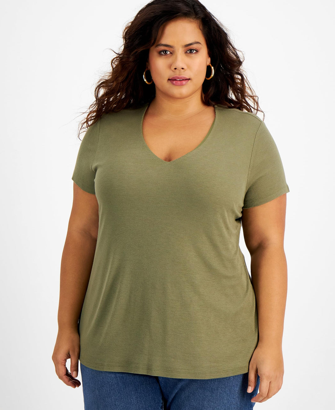 INC International Concepts Plus Size Ribbed V Neck T-Shirt