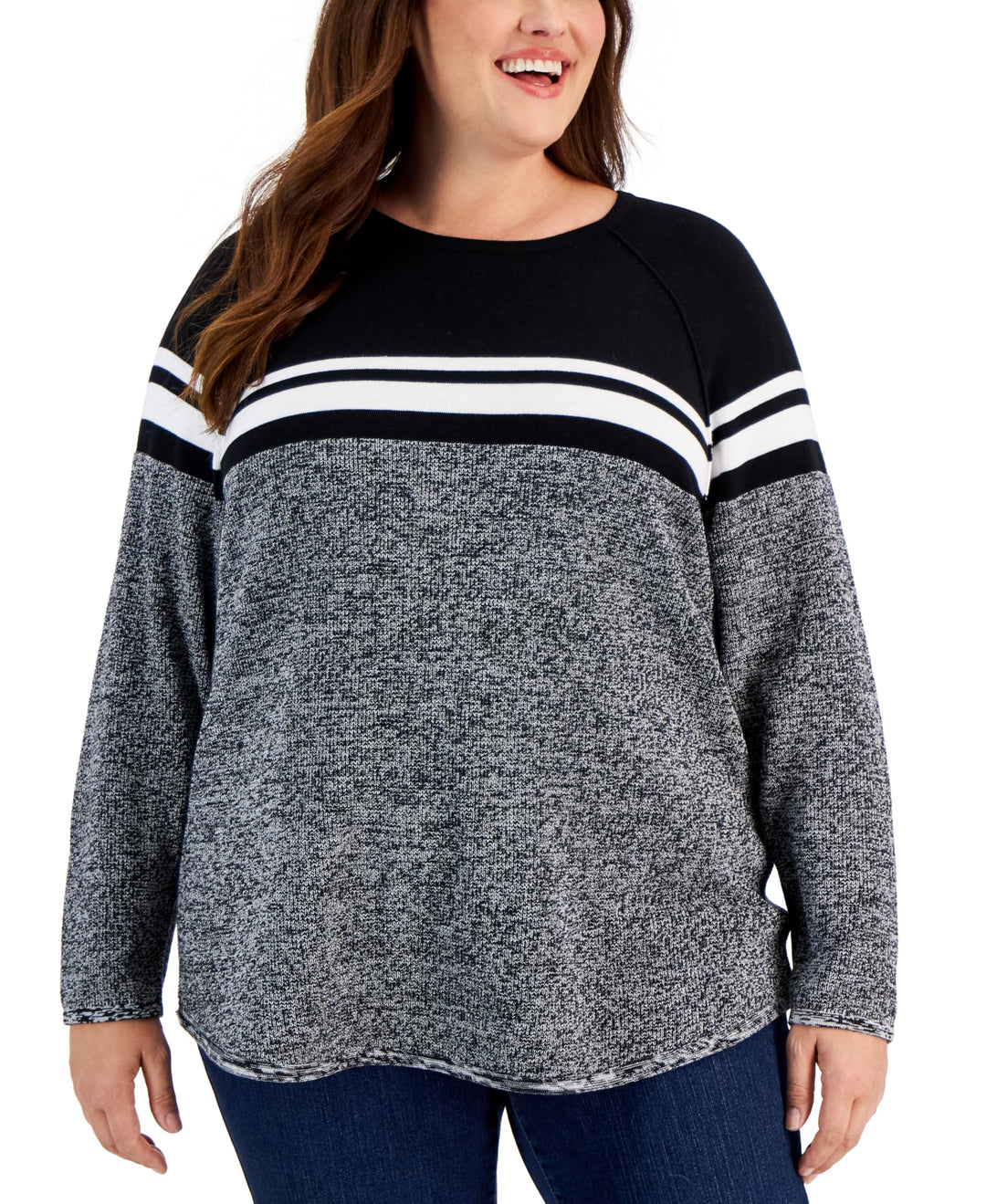Plus Size Curved Hem Striped-Yoke Sweater