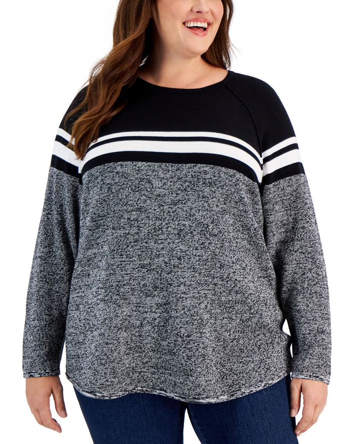 Plus Size Curved Hem Striped-Yoke Sweater