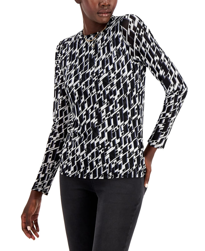 INC International Concepts Geo Print Mesh Crewneck Top
