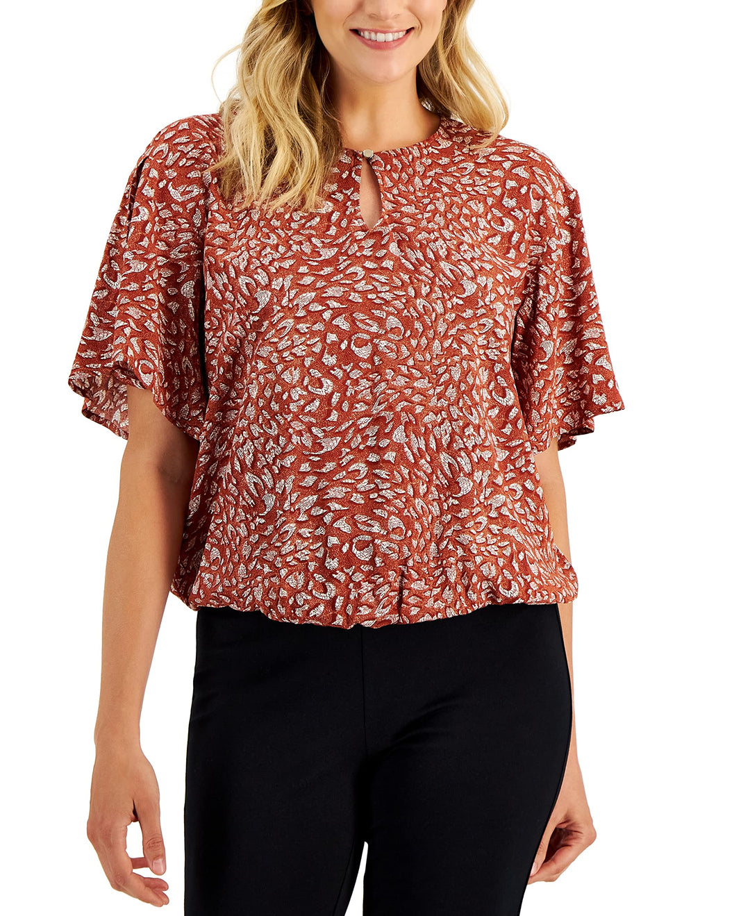 JM Collection Womens Printed Flutter Top